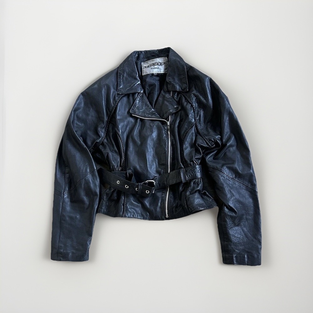 UNIK Black Motorcycle Moto Quilted Lined Belted Leather Jacket Y2K XXL